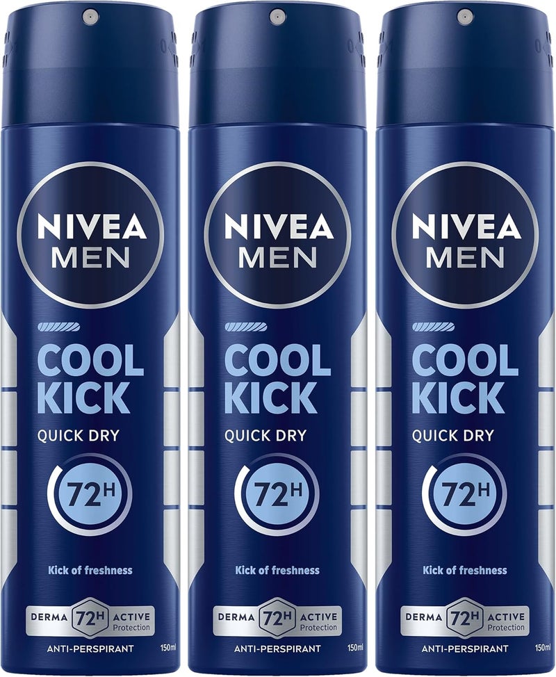 NIVEA MEN Cool Kick Deodorant Spray, 72h Protection, Quick Dry, Pack of 3 (150ml each) - Image 1